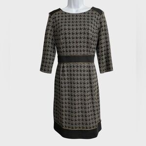 Vintage Lesley Fay Houndstooth Midi Dress Size 10 Black Grey Gold Office Career